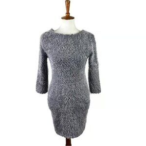 Jack by BB Dakota Medium Gray Fuzzy Sweater Dress 3/4 Sleeves Fluffy Cozy